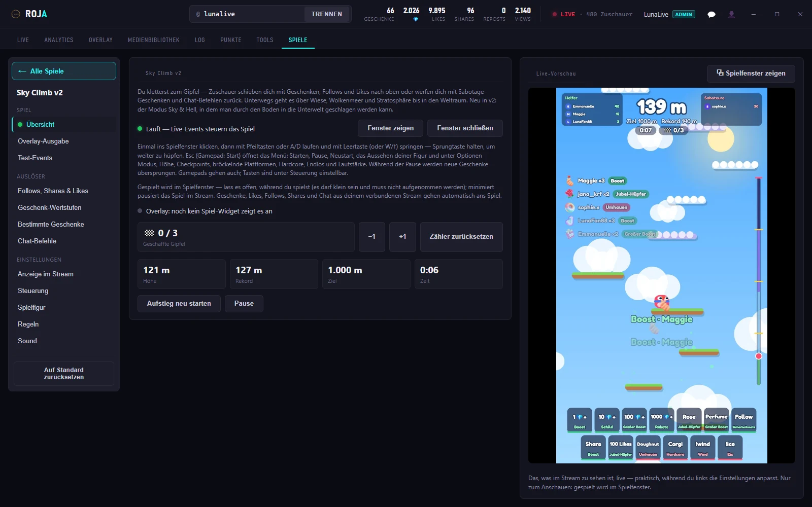 ROJA Spiele-Tab: Sky Climb v2 mit Seitenleiste, Gipfel-Zähler und Live-Vorschau des laufenden Spiels