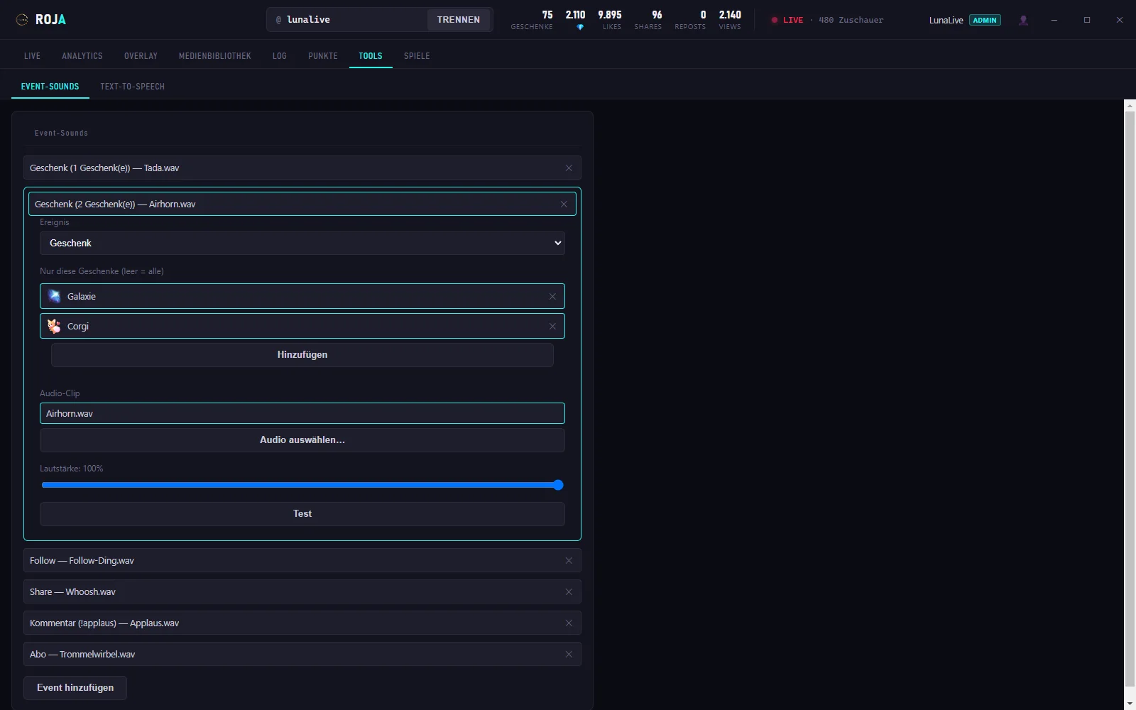 ROJA Tools-Tab: Event-Sounds mit Regeln für Geschenke, Follows, Shares, Chat-Befehle und Abos